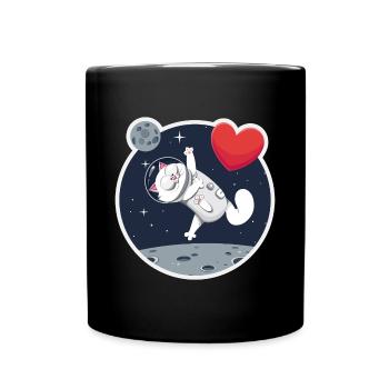 Lone Astronaut Cat Catching Heart - Full Colour Mug - black - Front