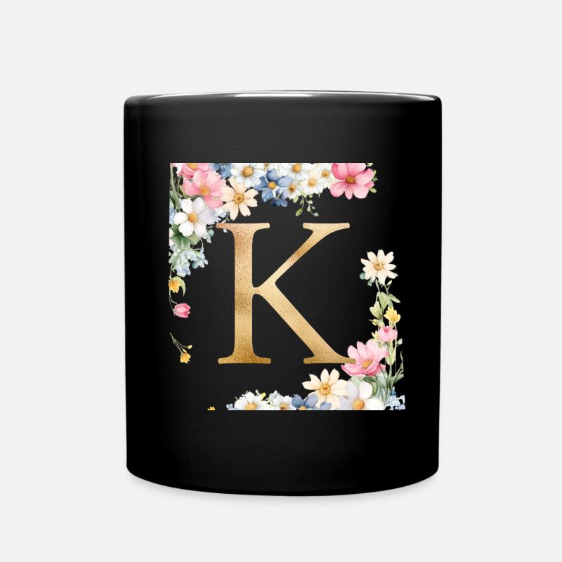 K Monogramm, Floral, personalisierbar - Tasse einfarbig - Schwarz