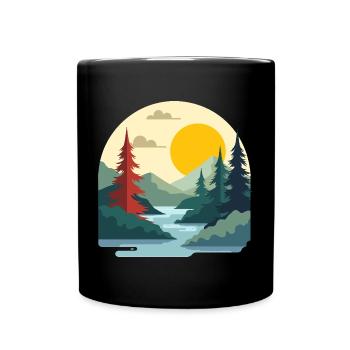 Vintage River and Mountain Sunset Art - Full Colour Mug - black - Front