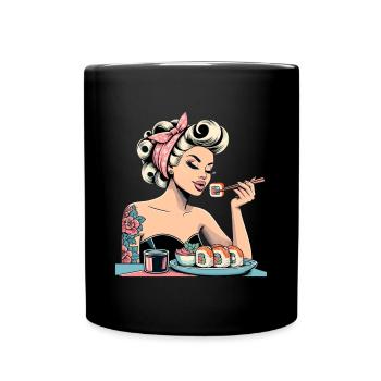 Pin Up Frau blond Rockabilly Sushi Retro Geschenk - Tasse einfarbig - Schwarz - Vorne