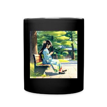 N-dless Nights: Anime girl in Kimono with phone - Full Colour Mug - black - Front