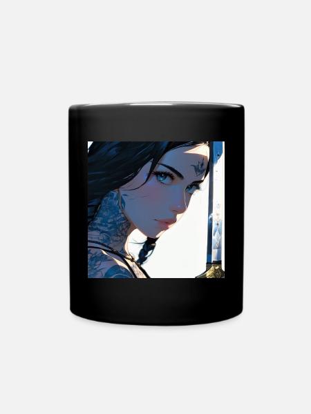 N-dless Nights: Tattooed Anime girl with a sword - Full Colour Mug - black