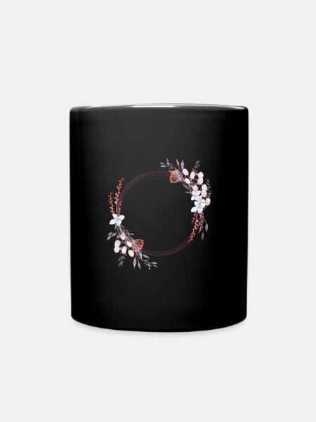 Delicate floral wreath in red, orange and pastel pink - Full Colour Mug - black