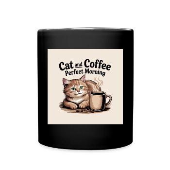 Katze und Kaffe ist ein perfekter Morgen - Tasse einfarbig - Schwarz - Vorne