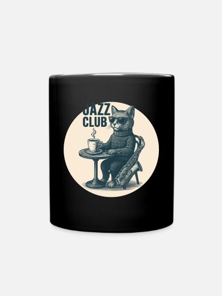 Cool Jazz Cat with Saxophone - Vintage Club - Full Colour Mug - black
