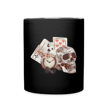 Vintage Totenkopf mit Spielkarten Uhren - Tasse einfarbig - Schwarz - Vorne