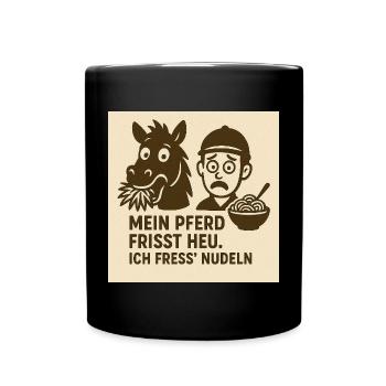Pferd frisst Heu Nudeln - Tasse einfarbig - Schwarz - Vorne