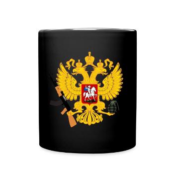 Russland Wappen mit Kalaschnikow und Handgranate - Tasse einfarbig - Schwarz - Vorne