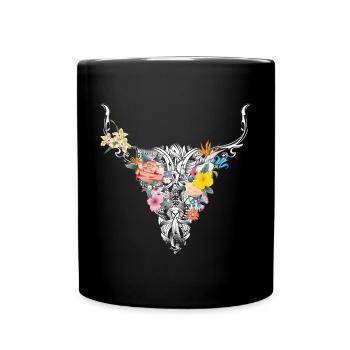 aufwendig gestalteter floraler Stier Schädel - Tasse einfarbig - Schwarz - Vorne