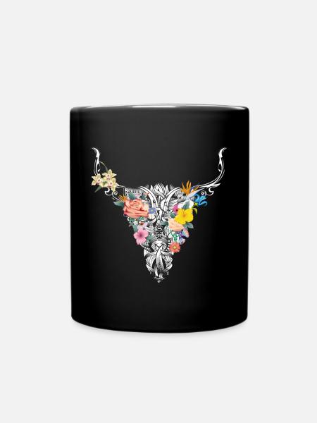 Bull skull with flowers - Full Colour Mug - black
