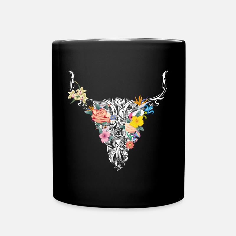 aufwendig gestalteter floraler Stier Schädel - Tasse einfarbig - Schwarz