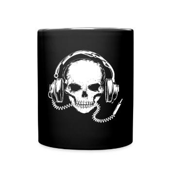 weiße Totenkopf Zeichnung mit Kopfhörer - Tasse einfarbig - Schwarz - Vorne