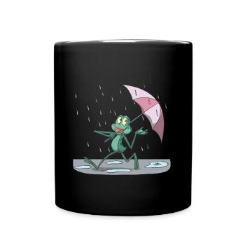 Funny frog in the rain with umbrella - Full Colour Mug - black - Front