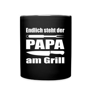 Endlich steht Papa am Grill Papa ist Grillmeister - Tasse einfarbig - Schwarz - Vorne