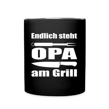 Endlich steht Opa am Grill - Tasse einfarbig - Schwarz - Vorne