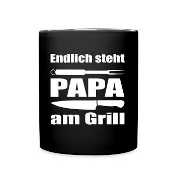 Endlich steht Papa am Grill - Tasse einfarbig - Schwarz - Vorne