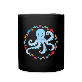 Pieuvre joyeuse avec de petits poissons colorés - Mug uni - noir - Devant