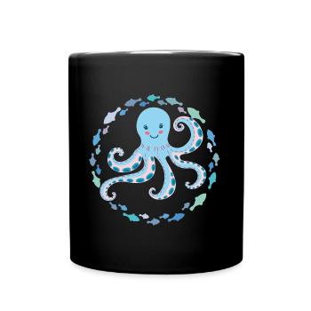 Pieuvre joyeuse et drôle avec des poissons colorés - Mug uni - noir - Devant