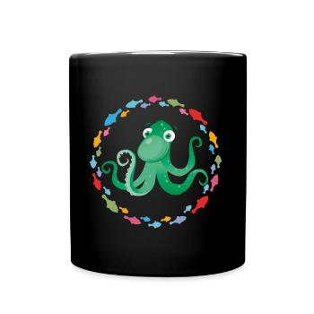 lustiger Oktopus im bunten Fischekreis - Tasse einfarbig - Schwarz - Vorne