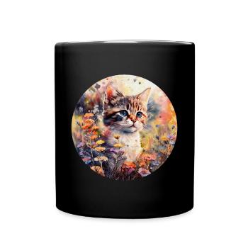 Katze in Blumenwiese - Aquarell - Tasse einfarbig - Schwarz - Vorne