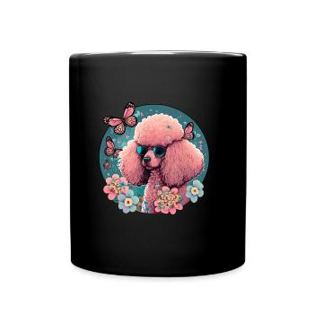 Pink poodle with flowers, butterflies, retro style - Full Colour Mug - black - Front