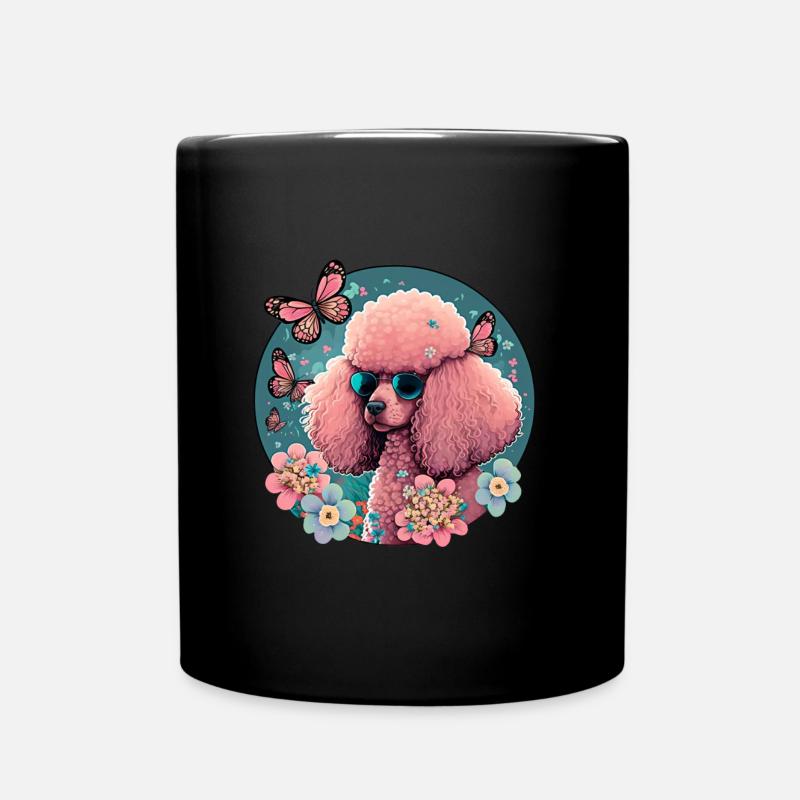 Rosa Pudel mit Blumen, Schmetterlingen, Retro Stil - Tasse einfarbig - Schwarz