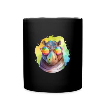 Buntes cooles Nilpferd mit Sonnenbrille - Tasse einfarbig - Schwarz - Vorne