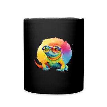 Bunte coole Echse Eidechse Gecko mit Sonnenbrille - Tasse einfarbig - Schwarz - Vorne