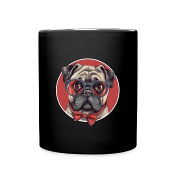 Lustiger Mops Hund mit Brille und Fliege - Tasse einfarbig - Schwarz - Vorne