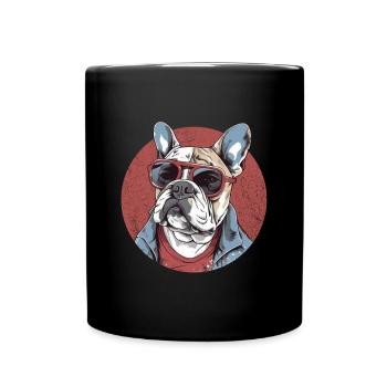Lustige Französische Bulldogge Hund mit Brille - Tasse einfarbig - Schwarz - Vorne