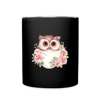 Niedliche Eule mit Rosen in einer Tasse - Tasse einfarbig - Schwarz - Vorne