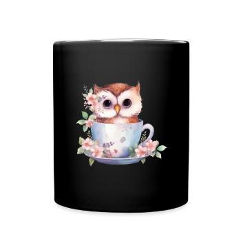 Mignon bébé hibou avec des fleurs dans une tasse - Mug uni - noir - Devant