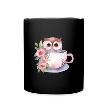 Joli hibou rose avec des fleurs dans une tasse - Mug uni - noir - Devant