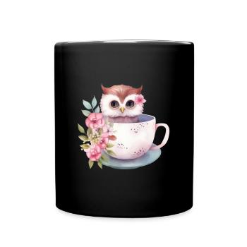 Mignon bébé hibou rose avec des fleurs dans une tasse - Mug uni - noir - Devant