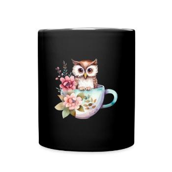 Hibou mignon avec des fleurs dans une tasse de café - Mug uni - noir - Devant
