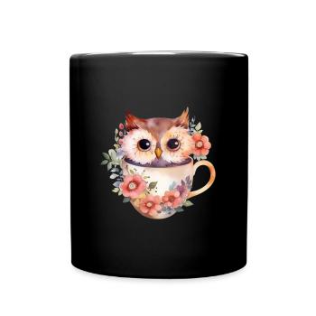 Un joli hibou assis dans une tasse de fleurs - Mug uni - noir - Devant