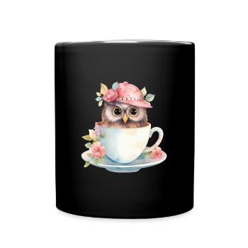 Hibou mignon avec chapeau et fleurs dans une tasse - Mug uni - noir - Devant