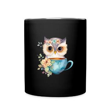 Niedliche Eule mit Kaffee und Blumen - Tasse einfarbig - Schwarz - Vorne
