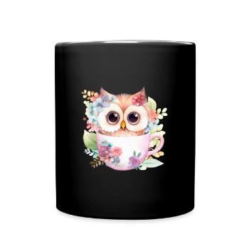 Niedliche Eule in einer Tasse mit Blumen - Tasse einfarbig - Schwarz - Vorne