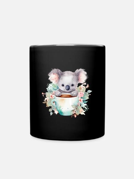 Niedlicher Koala mit Blumen in einer Tasse - Tasse einfarbig - Schwarz