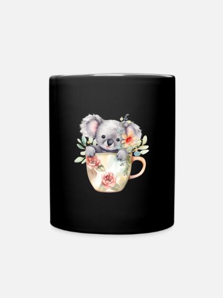 Niedlicher Koala mit Blumen in Kaffee-Tasse - Tasse einfarbig - Schwarz