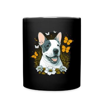 Cheerful bull terrier with flowers - Full Colour Mug - black - Front