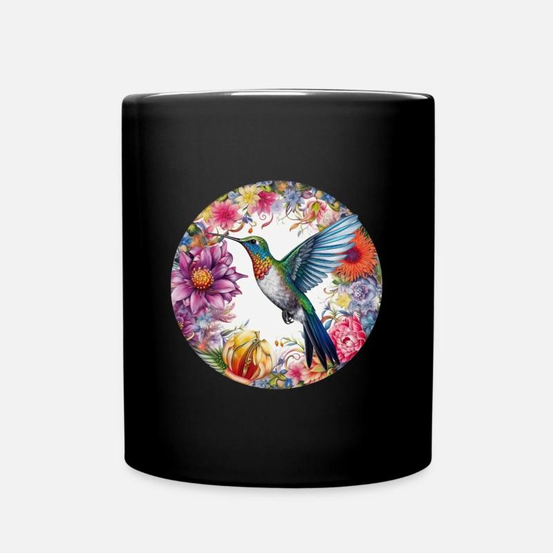 Exotischer Vogel Kolibri mit Blumenmuster Blumen - Tasse einfarbig - Schwarz