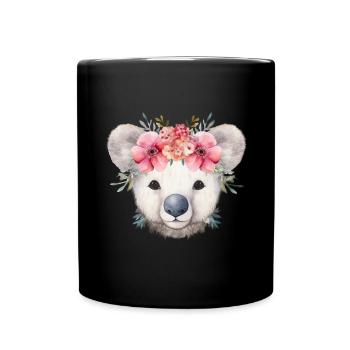 Niedlicher & süßer Koala mit Blumen auf dem Kopf - Tasse einfarbig - Schwarz - Vorne