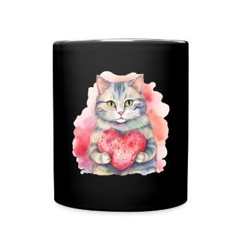 Niedliche & süße Katze mit Herz Liebe - Tasse einfarbig - Schwarz - Vorne