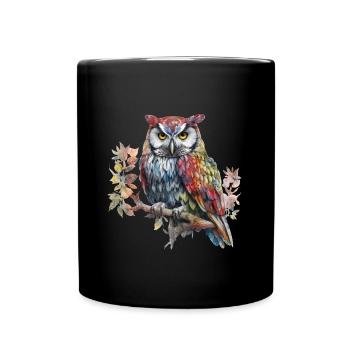 Magic Owl on Branch Watercolor Colorful Animal Bird - Full Colour Mug - black - Front
