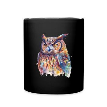 Colorful Magic Owl Watercolor Animal Bird Forest - Full Colour Mug - black - Front