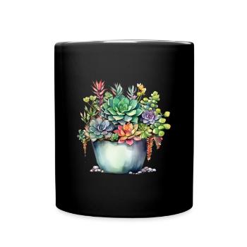 Pflanzen Sukkulenten Kaktus Aquarell Bunt - Tasse einfarbig - Schwarz - Vorne