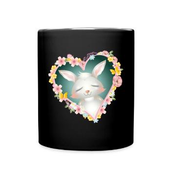 niedlicher weißer Hase träumt im Blüten Herz - Tasse einfarbig - Schwarz - Vorne