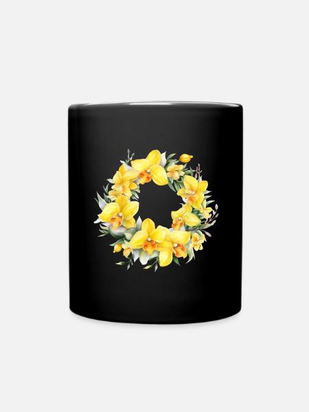 Plants Flower Wreath Blossoms Orchid Yellow Wedding - Full Colour Mug - black